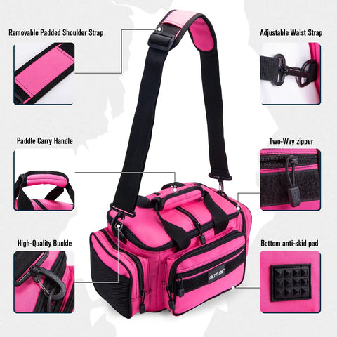 600D Water-Resistant Fishing Tackle Bag With Soft Side Crossbody Sling for Women, pink, showing removable strap and padded handle