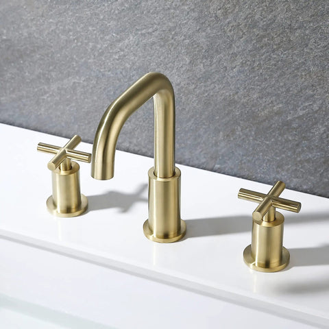 8 Inch Widespread Brushed Gold Bathroom Faucet With Two Handles For 3 Hole Sink Brass Construction With Pop Up Drain Included Tarnish Resistant Finish Easy Clean Modern 3 Hole Deck Mount Design