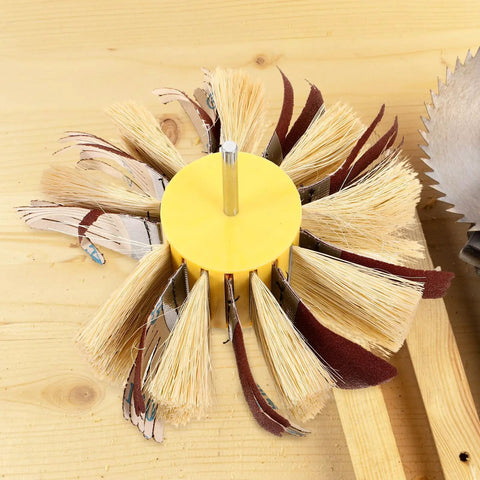 Heavy Grip Sisal Sanding Drum Buffing Wheel For Wood Furniture Polishing and Groove Cleaning with yellow base and bristles.
