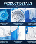 Product details of Heavy Duty Mini Compact Washing Machine Twin Tub Top Load Washer with stainless steel tub, drain hose, and filter.