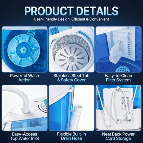 Product details of Heavy Duty Mini Compact Washing Machine Twin Tub Top Load Washer with stainless steel tub, drain hose, and filter.