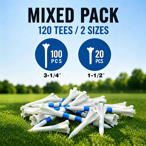 Five Prong White Plastic Golf Tees Pack 120 Count With Three And A Quarter Inch And One And A Half Inch Options on grass