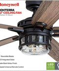 Close-up of Bonterra 52 Inch Ceiling Fan With LED Light And Remote 5 Blades Modern Matte Black Fan in a brushed nickel finish