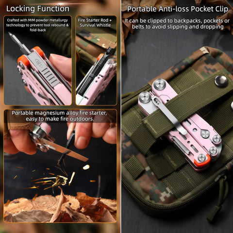 18-In-1 Survival Multitool Pliers With Stainless Steel Build And Safety Lock, includes magnesium fire starter, pocket clip