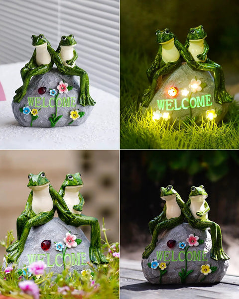 Solar Frog Garden Statue With Realistic Succulent And 7 LED Lights, Outdoor Lawn Decor for patio with glowing LEDs at night