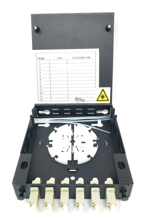 Wall Mount Fiber Enclosure With Spool And Loaded 6 Port LC UPC OM1 OM2 Multimode Duplex LGX Panel, open view with ports and spool