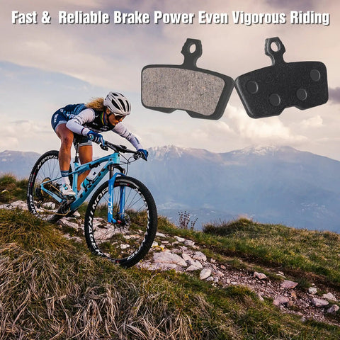 Mountain biker on trail with All In One 4 Piston Mountain Bike Brake Pads Set For Disc Brakes Includes Gap Regulator Piston Press Tool
