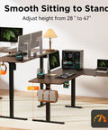 Big Game Changing L Shaped Standing Desk With Cup Holder Electric Height Adjust Corner Computer Workstation showcasing height adjustment from 28 to 47 inches.