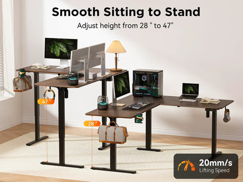 Big Game Changing L Shaped Standing Desk With Cup Holder Electric Height Adjust Corner Computer Workstation showcasing height adjustment from 28 to 47 inches.