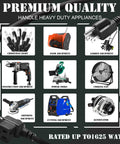 Badass 25 Foot Heavy Duty Outdoor Extension Cord Featuring Six Perfectly Spaced Power Outlets And Sleek Black Waterproof Jacket, displayed with various heavy duty appliances.