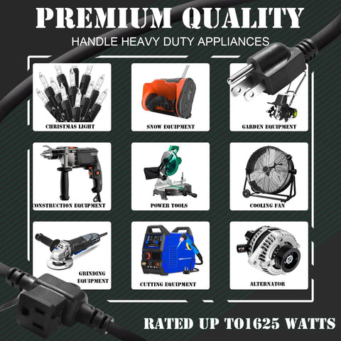 Badass 25 Foot Heavy Duty Outdoor Extension Cord Featuring Six Perfectly Spaced Power Outlets And Sleek Black Waterproof Jacket, displayed with various heavy duty appliances.