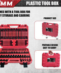 Beefy 107 Piece Socket Set With 1/4, 3/8 And 1/2 Inch Drives in red plastic tool box, shown open and closed