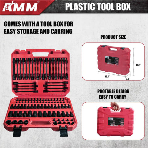 Beefy 107 Piece Socket Set With 1/4, 3/8 And 1/2 Inch Drives in red plastic tool box, shown open and closed
