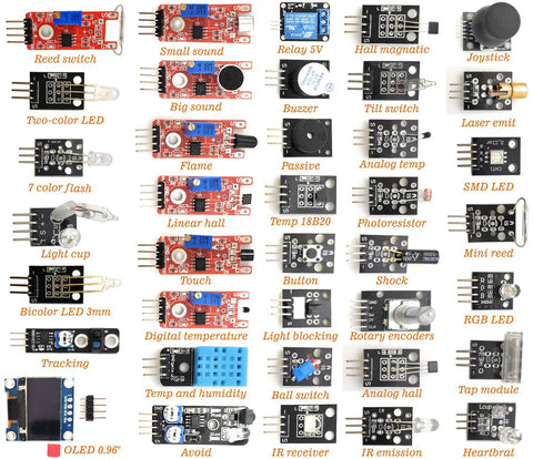 38 In 1 Sensor Module Kit For Arduino And Raspberry Pi Projects With 0.96 Inch OLED Screen All components displayed in grid layout