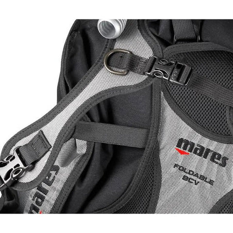 Close-up of Ultra Lightweight Foldable Travel Scuba BCD Jacket For Unisex Divers with quick release buckle and ballistic straps.