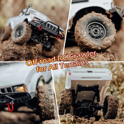 One Sixteenth Scale RC Crawler with beefed up battery, LED lights on muddy terrain, showing durable ABS plastic frame and metal chassis.