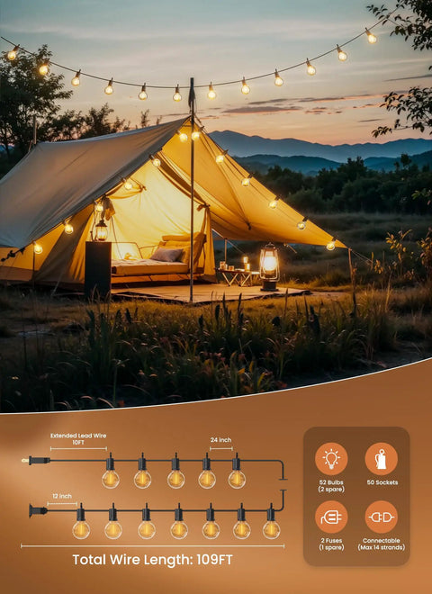 LED Outdoor String Lights 109 Ft With 52 Edison Shatterproof Bulbs Plus 2 Spares over tent in scenic landscape