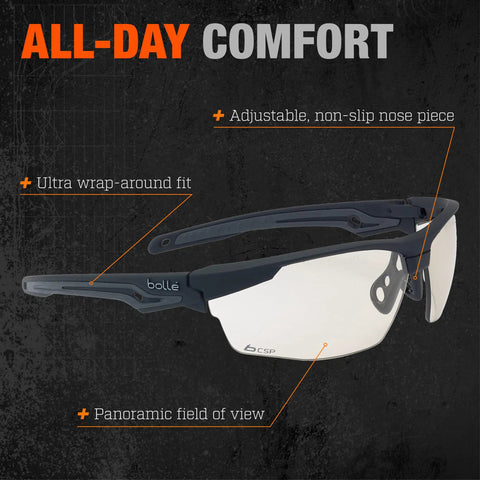 Tracker II Tactical Safety Glasses With Smoke Polycarbonate Lens showcased with ultra wrap fit and adjustable non-slip nose piece.