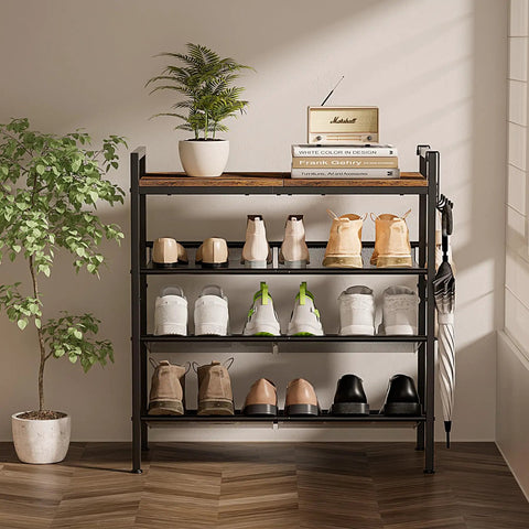 Four Tier Metal Shoe Rack With Adjustable Mesh Shelves And Wall Hook Knockout Entryway Organizer Keeping Your Kicks Legit Organized And Secure Solid Closet Storage For Boots And Sneakers
