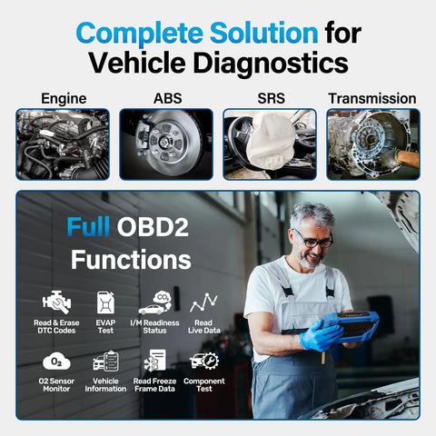 Mechanic using 460T OBD2 Scanner All System Diagnostic Tool for cars with Auto VIN and 12 reset services, showcasing engine, ABS, SRS, transmission diagnostics.