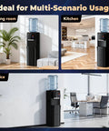 4-In-1 Water Dispenser With Ice Maker For Home And Office displayed in living room, kitchen, and office settings.