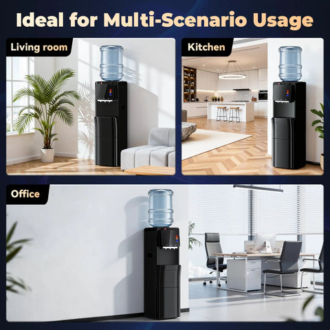 4-In-1 Water Dispenser With Ice Maker For Home And Office displayed in living room, kitchen, and office settings.