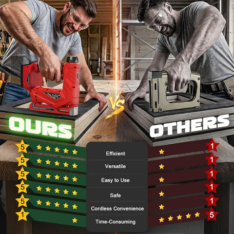 Badass Cordless Brad Nailer and T-50 Staple Gun 2-In-1 Powerhouse Featherlight 3Lb Tool in action comparing performance.