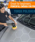 Person using TorqX Random Orbital Polisher Kit With Pads on car hood, highlighting 700W motor and 8mm orbit in detailing set
