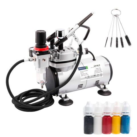 Airbrush Kit With Compressor AS18-2K Basic Start Set With Hose, Cleaning Brushes, And Test Paints For Hobby Projects shown.
