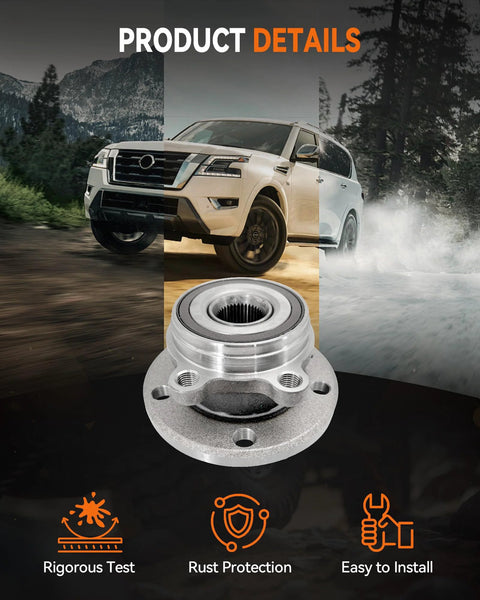 Two Piece Front Wheel Hub Bearing Assembly Compatible With Audi A3 Q3 TT Beetle Jetta CC EOS Golf GTI City Passat R32 Rabbit Tiguan 09 17 2018 Limited No Fuss Drop In For A Solid Smooth Ride On Volkswagen And Audi Models, shown with installation icons.