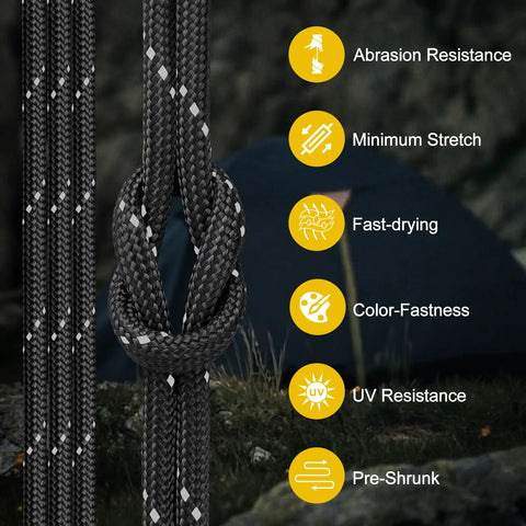 Reflective Paracord Rope 850Lb 4mm 11 Strand Core For Tent Camping with abrasion resistance features and tent background