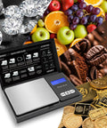 Pocket Digital Scale 200g Capacity, 0.01g Precision, with background of gems, fruits, coffee, and coins