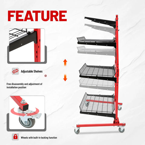 Heavy Duty Steel Rolling Parts Rack For Auto Body Shops Three Shelf Cart With Locking Casters, red powder-coated steel with adjustable shelves