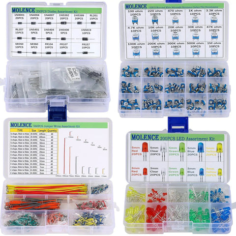 5162 Piece DIY Electronics Components Kit With Resistors Capacitors Inductors LEDs Diodes ICs PCBs Potentiometers Header Pins Jumpers Terminals Tact Switches And More For Prototyping Learning And Maker Projects in four organized plastic boxes