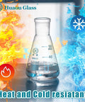 50ml Erlenmeyer flask from 3 Piece Glass Erlenmeyer Flask Set 50ml 150ml 250ml with Stoppers and Cleaning Brush Borosilicate 3.3 Narrow Mouth Lab Conical Flasks with Printed Graduation for Precise Chemistry Experiments, shown with heat and cold resistant symbols.