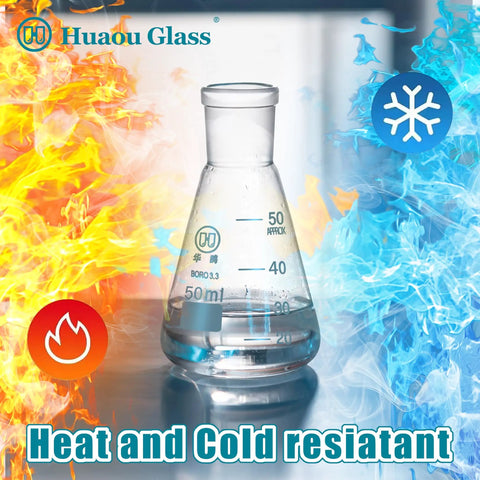 50ml Erlenmeyer flask from 3 Piece Glass Erlenmeyer Flask Set 50ml 150ml 250ml with Stoppers and Cleaning Brush Borosilicate 3.3 Narrow Mouth Lab Conical Flasks with Printed Graduation for Precise Chemistry Experiments, shown with heat and cold resistant symbols.