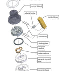 Exploded view of replacement ceramic faucet cartridge for standard single handle taps in kitchen and bath, chrome finish.