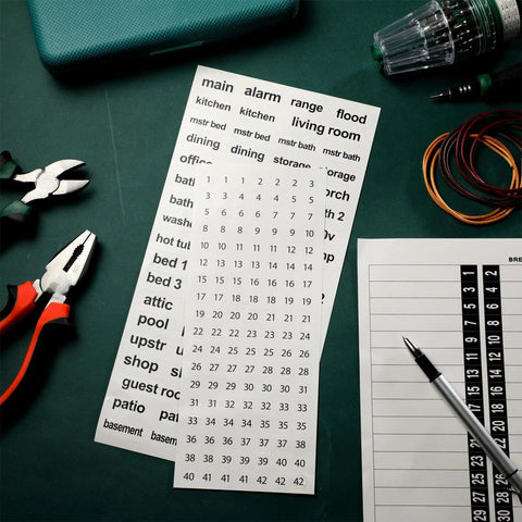 Five Pack Circuit Breaker Box Labels Waterproof Fuse Box Stickers Directory For Electric Panel Load Center Identification Adhesive Labels With Digital Dots For Up To 42 Entries displayed on a table with tools.