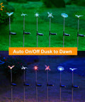 Six Pack Solar Garden Stake Lights With Color Changing LEDs showing butterfly, dragonfly, hummingbird, bee, and flower figurines