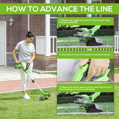 Gutsy Cordless String Trimmer And Lawn Edger With Brushless Motor demonstrating line advancement technique in yard.