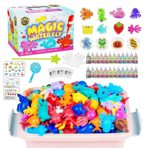 Water Gel Elf Kit For Kids With 12 Color Magic Gels And 12 Shape Molds DIY STEM Aqua Kit shown with box, molds, and gels.