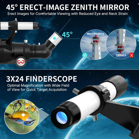 High Powered 90mm Refractor Telescope For Adults With 600mm Focal Length, 180x Magnification showing 45° erect-image zenith mirror and finderscope