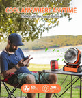 20000mAh Rechargeable Camping Fan With Built In Light And Remote on picnic table near sitting man in outdoor setting