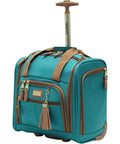Lightweight Softside Spinner Luggage Set underseat bag, Harlo design with teal fabric and brown trim, airline-friendly travel case