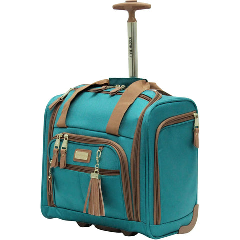 Lightweight Softside Spinner Luggage Set underseat bag, Harlo design with teal fabric and brown trim, airline-friendly travel case