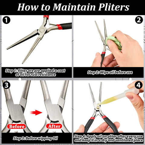 How to maintain pliers with step-by-step guide for Ten Piece Metal DIY Model Tool Set for 3D metal jigsaw puzzles.