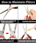 Instructions for maintaining pliers from 17 Piece Metal Puzzle Tool Set For DIY Model Kits, showing oil application and cleaning steps.