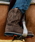 Side view of dark brown Steel Toe Western Work Boots For Men Waterproof Slip On Square Toe Safety Boots For Construction Welding Ranch And Farm Work Built For The Grind With Cushioned Insole And Stable Grip