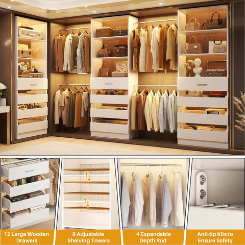 Slick Modular Closet System With Twelve Roomy Drawers And Four Heavy Lifting Rods Adjustable From Eight Point Five To Eleven Point Five Feet For Zero Hassle Bedroom Organization Super Simple Fast Assembly Setup in a spacious setting.