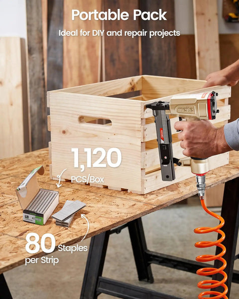 Top Shelf 18 Gauge 1/4-Inch Narrow Crown Staples 1-1/2-Inch Length 1120 Count used in a pneumatic gun for woodworking.
